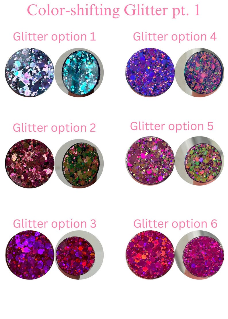 Peut inclure: Image pr&eacute;sentant six options de paillettes circulaires. Le texte "Color-shifting Glitter pt. 1" est en haut. Chaque option est num&eacute;rot&eacute;e et pr&eacute;sente une combinaison de couleurs distincte, dont des bleus, des verts, des violets et des roses.