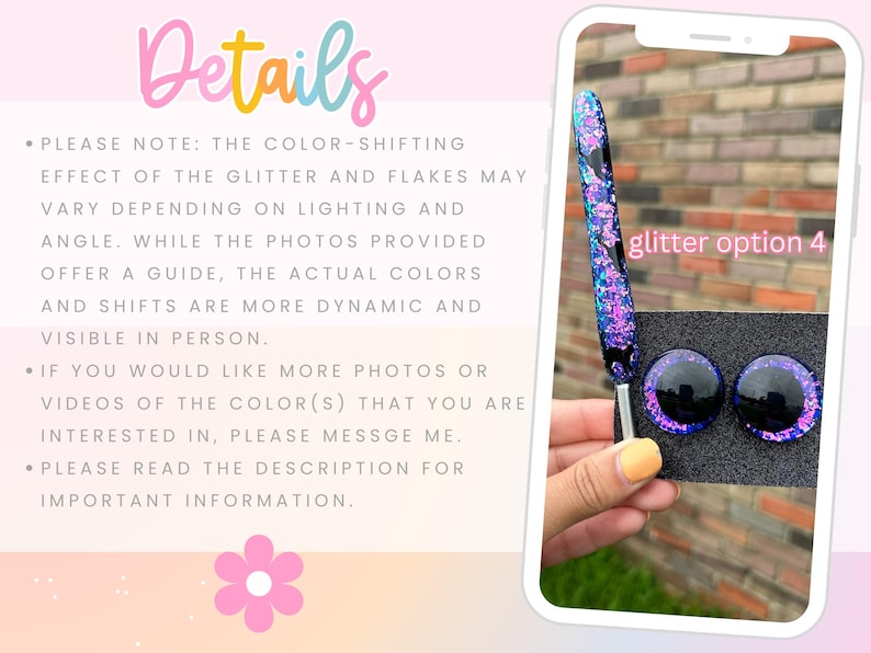 Peut inclure: Gros plan sur un stylo et deux objets ronds avec des paillettes. Le stylo et les objets ronds ont une base noire avec des paillettes bleues, violettes et roses. Le texte "glitter option 4" est visible.