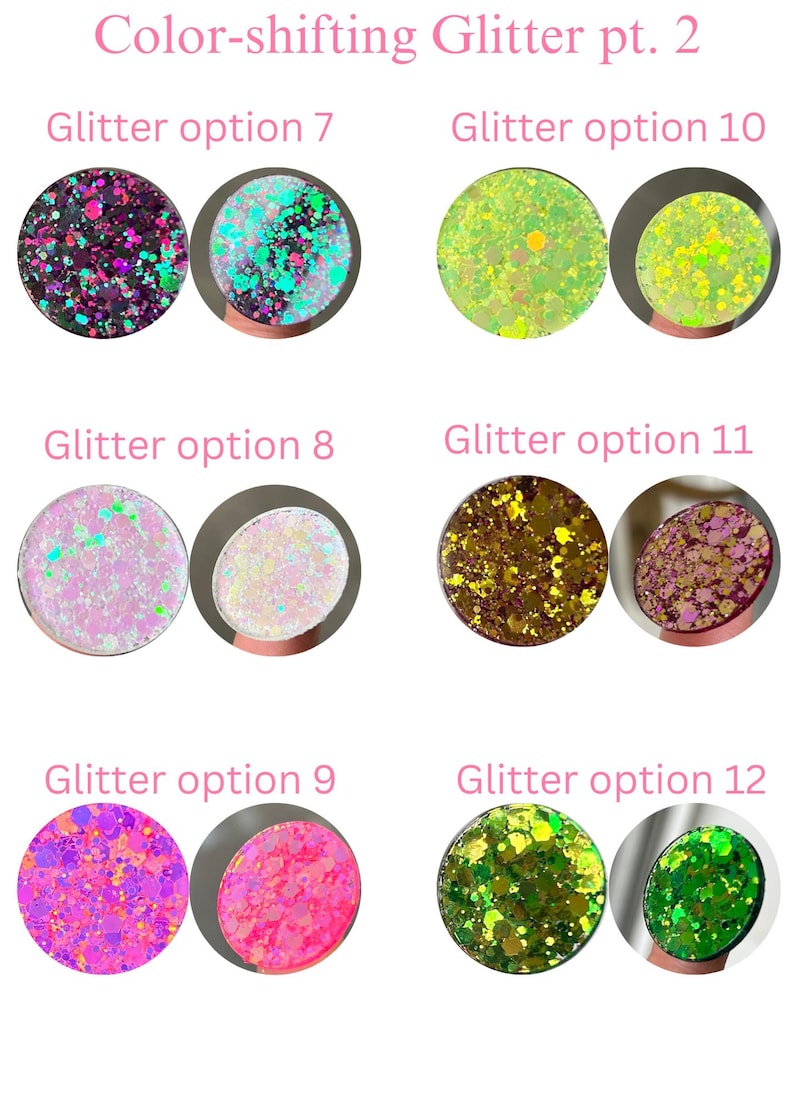 Peut inclure: Image pr&eacute;sentant six paires d'options de paillettes changeantes de couleur. Chaque paire est de forme circulaire, avec les options 7, 8, 9, 10, 11 et 12 &eacute;tiquet&eacute;es au-dessus. Les couleurs des paillettes varient, notamment le rose, le vert, le violet et l'or.