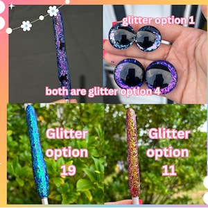 Peut inclure: L'image pr&eacute;sente diverses options de paillettes. Elle comprend deux paires de grands yeux noirs et bleus paillet&eacute;s, et deux baguettes paillet&eacute;es bleues et rouges. Le texte indique "glitter option 1", "glitter option 4", "glitter option 19" et "glitter option 11".