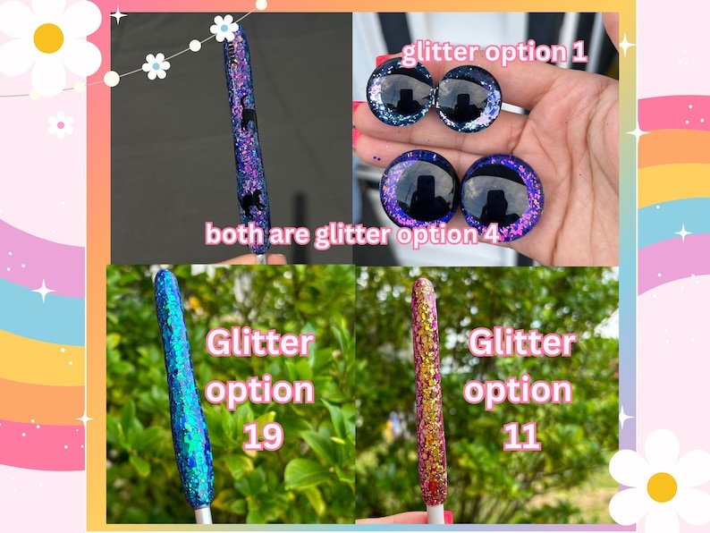 Peut inclure: L'image pr&eacute;sente diverses options de paillettes. Elle comprend deux paires de grands yeux noirs et bleus paillet&eacute;s, et deux baguettes paillet&eacute;es bleues et rouges. Le texte indique "glitter option 1", "glitter option 4", "glitter option 19" et "glitter option 11".