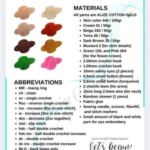 May include: A list of materials and abbreviations for crocheting a doll. The materials include yarn in various colors, crochet hooks, safety eyes, buttons, chenille stem, wire, bamboo skewer, fabric glue, sewing needle, scissors, fiberfill, stitch markers, and black and white yarn. The abbreviations include MR, ch, sc, Rsc, inc, w, dec, slst, hdc, hdc inc, dc, dc inc, BLO, and FLO.
