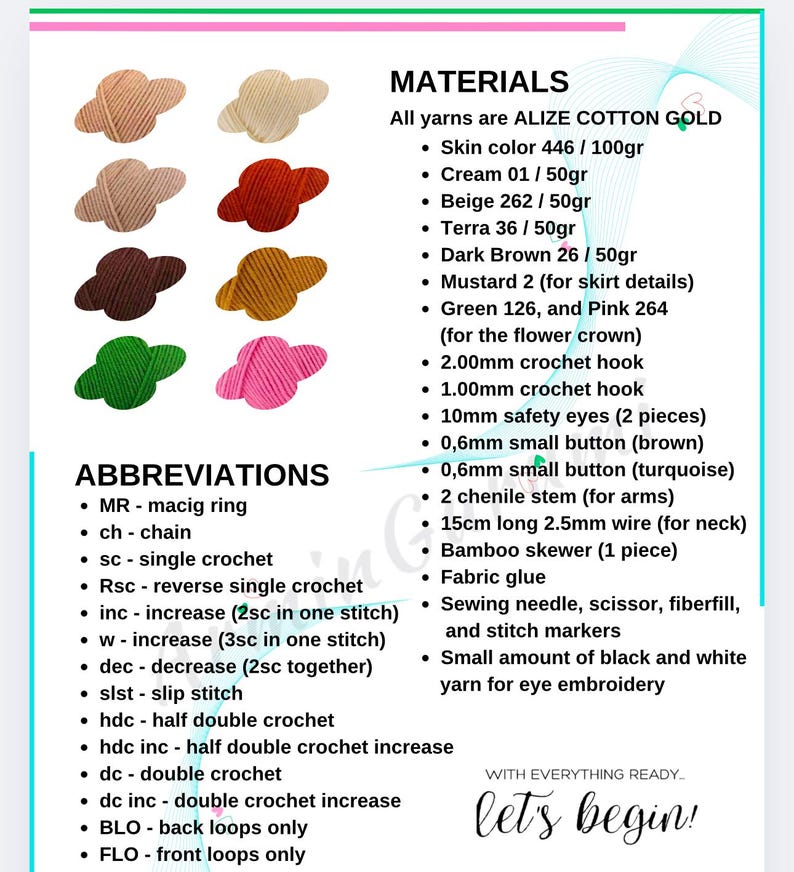 May include: A list of materials and abbreviations for crocheting a doll. The materials include yarn in various colors, crochet hooks, safety eyes, buttons, chenille stem, wire, bamboo skewer, fabric glue, sewing needle, scissors, fiberfill, stitch markers, and black and white yarn. The abbreviations include MR, ch, sc, Rsc, inc, w, dec, slst, hdc, hdc inc, dc, dc inc, BLO, and FLO.