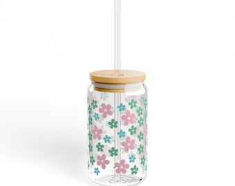 Floral Tempered Sipper Glass with Bamboo Lid and Tritan Straw