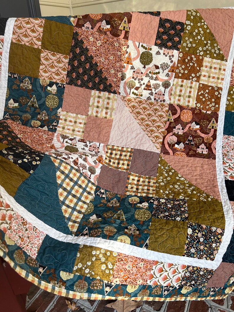 Handmade Quilt Town Square Throw Quilt Cottage Themed Quilt Quilt for