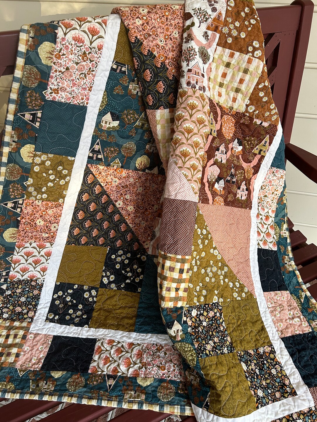 Handmade Quilt Town Square Throw Quilt Cottage Themed Quilt Quilt for