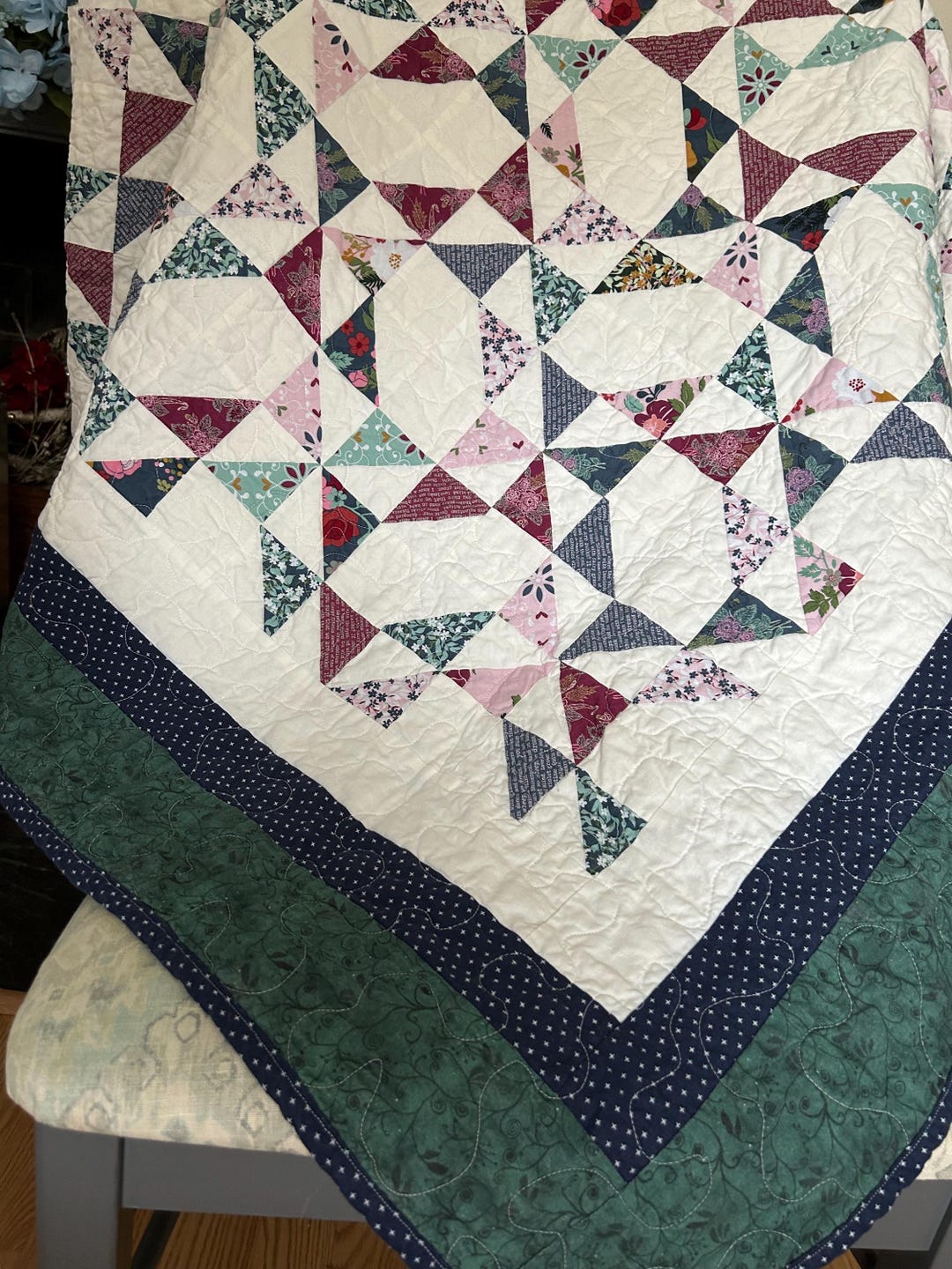 Handmade Pinwheel Quilt: Geometric Patchwork Throw, Blue & Green - Etsy