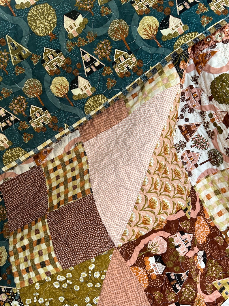 Handmade Quilt Town Square Throw Quilt Cottage Themed Quilt Quilt for