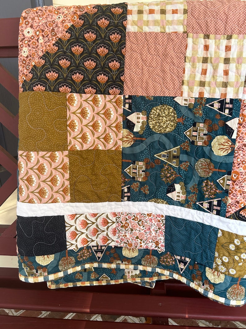 Handmade Quilt Town Square Throw Quilt Cottage Themed Quilt Quilt for