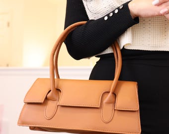 Light Brown Hand Bag with Strap, Detachable Straps, Birthday Gift For Her, Wife Gift, Monogrammed Faux Leather Crossbody Flap Bag