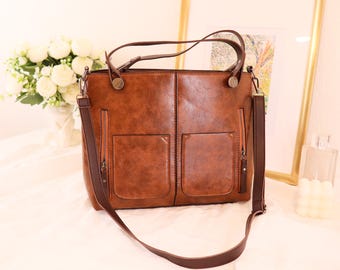 Brown Vegan Leather Bag with Strap, Detachable Straps, Birthday Gift For Her, Wife Gift, Monogrammed Faux Leather Tote Bag