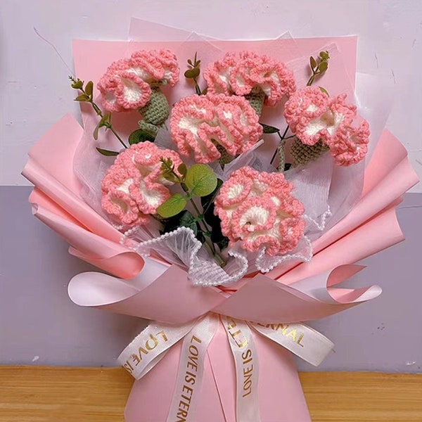 Cadeaux de bouquet d'oeillets au crochet pour maman / Fleurs tricotées / Fleur rose / Décoration d'intérieur / Cadeau de fête des mères