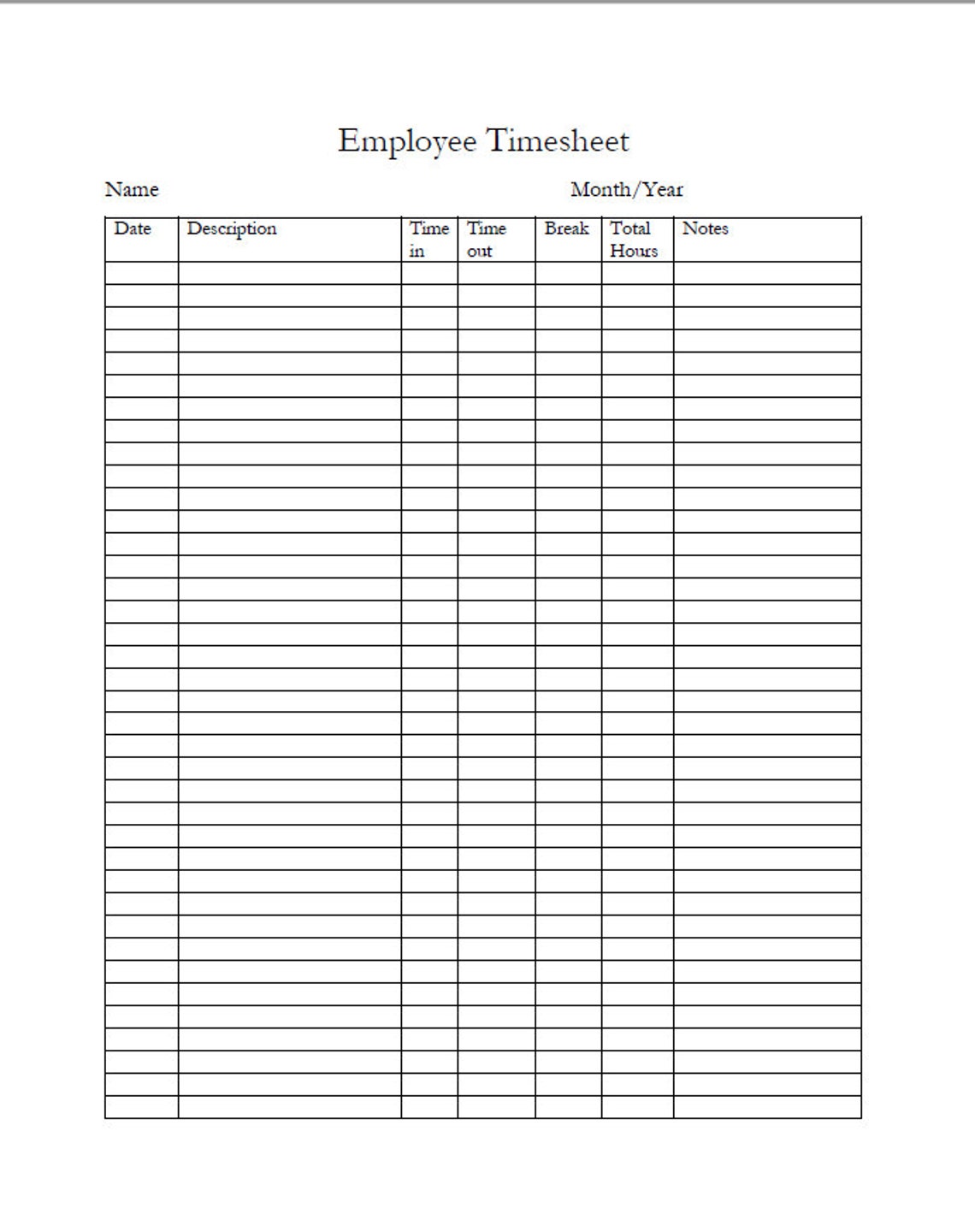 Time Card, Employee Time Keeping Sheet, Employee Timesheet Printable