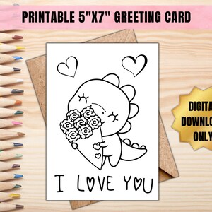 Printable I Love You Dino Coloring Greeting Card
