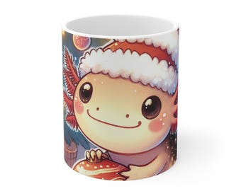 May include: A white ceramic mug featuring a colourful illustration of an axolotl wearing a Santa hat and holding a Christmas bauble. The axolotl is smiling and has large, round eyes.
