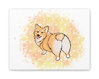 May include: A cartoon illustration of a corgi dog with a light orange and white coat, looking back over its shoulder. The dog is standing on a yellow and orange watercolor background with white speckles.