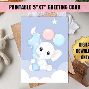 Printable Happy 1st Birthday Baby Elephant Greeting Card