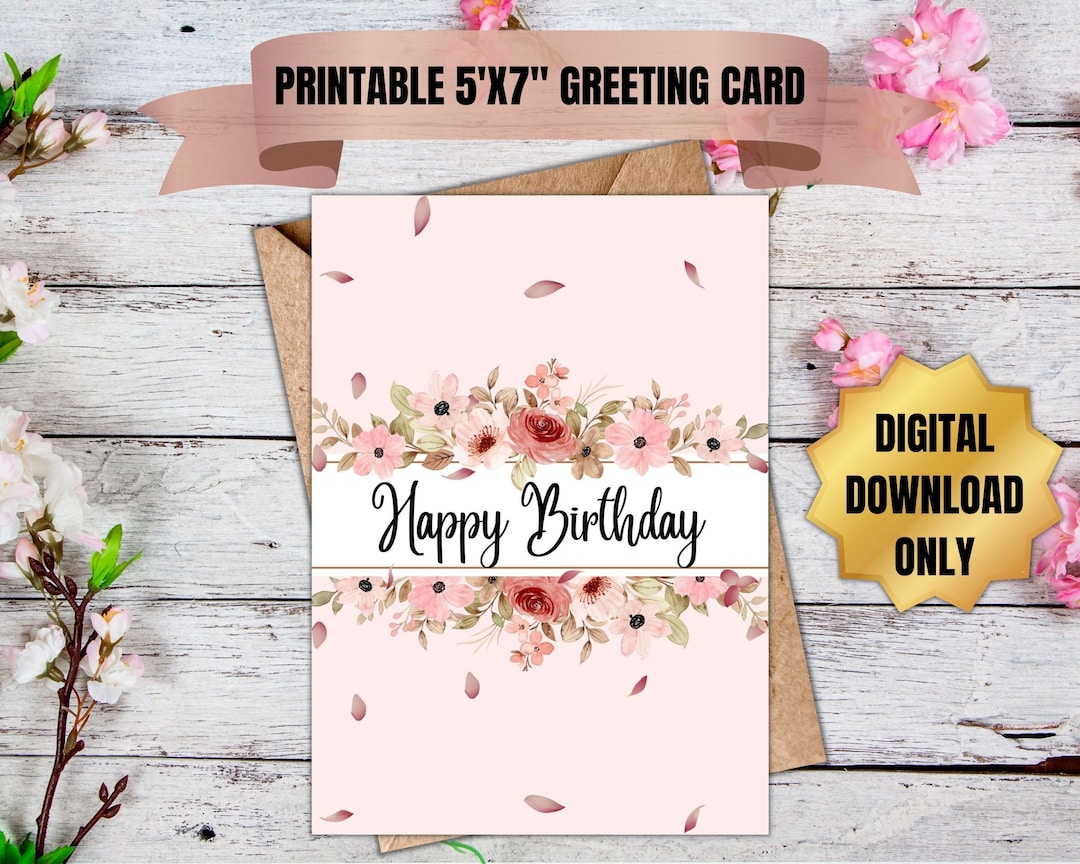 Printable Happy Birthday Pink Floral Greeting Card - Etsy