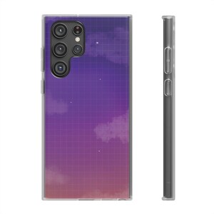 May include: A clear phone case with a purple and pink gradient background. The case has a grid pattern and a white cloud design. The case is designed for a Samsung Galaxy S21 Ultra.