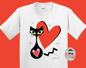 Kids Mid Century Modern Cat with Heart Gildan 5000B Midweight Cotton T-Shirt