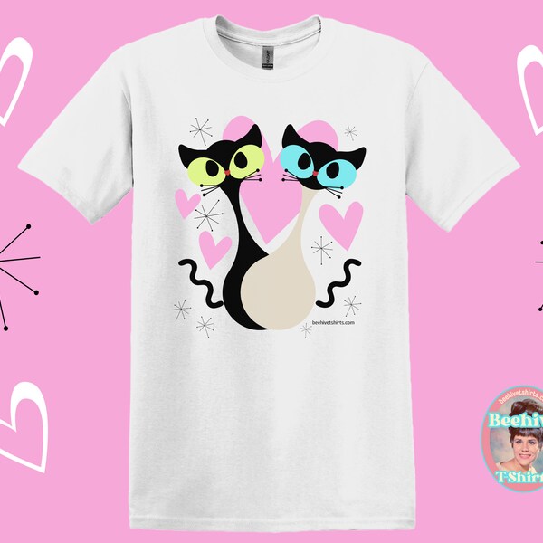 Women's Retro Black & Siamese Cats Valentine Hearts Gildan 5000L Midweight Cotton T-Shirt