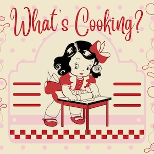 Biglietto d'auguri stampabile per tutte le occasioni, biglietto "Just Because", biglietto digitale, auguri 5x7, busta stampabile, clipart vintage, ragazza retrò che cucina