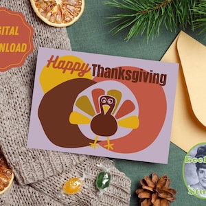 Afdrukbare Thanksgiving-kaart, digitale Thanksgiving-kaart, 5x7 wenskaart, afdrukbare envelop, Cartoon Turkije, jaren 1970 Vibes