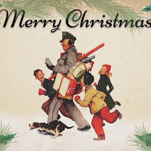 Afdrukbare kerstkaart, digitale kerstkaart, 5x7 wenskaart, afdrukbare envelopsjabloon, Norman Rockwell Art, Jolly Postman