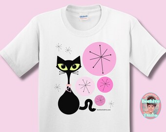 Kids Mid Century Modern Cat with Circles/Bubbles Gildan 5000B Midweight Cotton T-Shirt