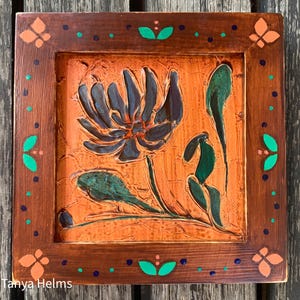 Original Textured Acrylic Painting of Blue Flower on Orange Background with Hand-painted and Stained Wood Frame