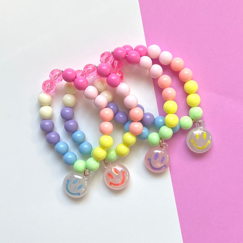 Pastel Smile Face Charm Stretch Bracelet, Child Bracelet, Beaded