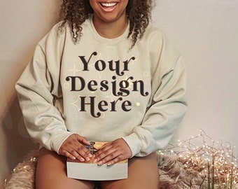 Gildan Sweatshirt Mockup, Sand Gildan 18000 Mockup, Sand Sweatshirt Mockup, Bookish Reading Book Mockup, Hoodie mockup, Black model mockup