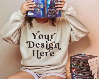 Bookish Gildan Sweatshirt 18000 Mockup Sand Gildan Mockup Minimalist Sand Gildan Sweatshirt Mockup Bookish Modeled Mockup Black Model Mockup