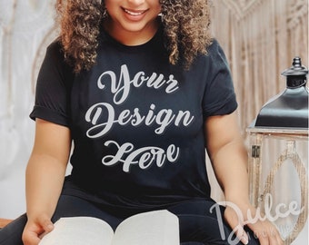 Mockup su tela nera Bella Mockup nero Bella 3001C Mockup Boho Bookish Bella Canvas Tabella delle taglie Mockup modello nero Amante del libro Mockup accademico
