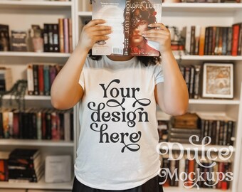 Mockup di tela Bella bianca Mockup di tela bianca Bella 3001C Mockup di libro di lettura Bookish Bella Canvas Tabella delle dimensioni Mockup di modello bianco Mockup di amante del libro