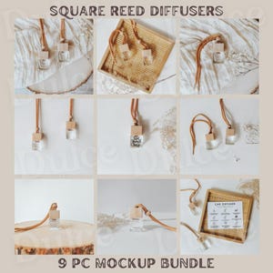 May include: A selection of square reed diffusers with wooden tops and leather cords. The diffusers are presented in different settings, such as on a wooden slice, a woven tray, and against a neutral backdrop. The text "SQUARE REED DIFFUSERS" and "9 PC MOCKUP BUNDLE" are visible.