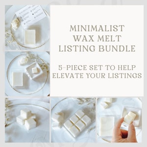 5 Listado de maquetas de cera blanca para derretir BUNDLE Instrucciones para derretir cera Imprimible Paquete de tarjetas de cuidado para derretir cera Maqueta Clamshell Soy Wax Melt Candle Mockup