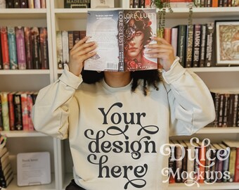 Bookish Gildan Sweatshirt 18000 Mockup Sand Gildan Mockup Minimalist Sand Gildan Sweatshirt Mockup Bookish Modeled Mockup Black Model Mockup