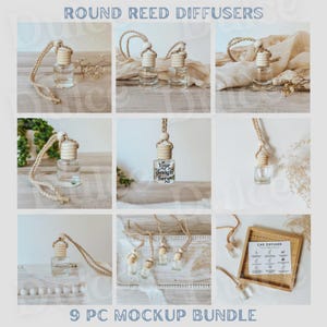 May include: A collection of round reed diffusers in clear glass bottles with wooden caps and braided cords. The image includes a variety of arrangements, some with decorative elements and the text "Your design here". The text "ROUND REED DIFFUSERS" and "9 PC MOCKUP BUNDLE" are also visible.
