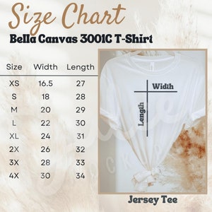 Pu&ograve; includere: Tabella delle taglie per la T-shirt Bella Canvas 3001C, che mostra le misure in pollici di larghezza e lunghezza per le taglie XS a 4X.