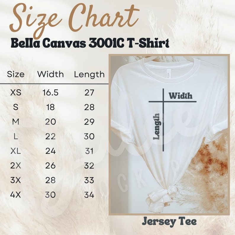 Pu&ograve; includere: Tabella delle taglie per la T-shirt Bella Canvas 3001C, che mostra le misure in pollici di larghezza e lunghezza per le taglie XS a 4X.