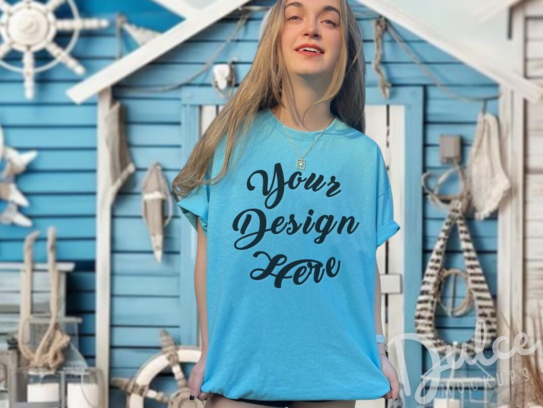 Sky Gildan 5000 Mockup Sky Gildan Mockup Sky Blue Tshirt 5000 Modeled