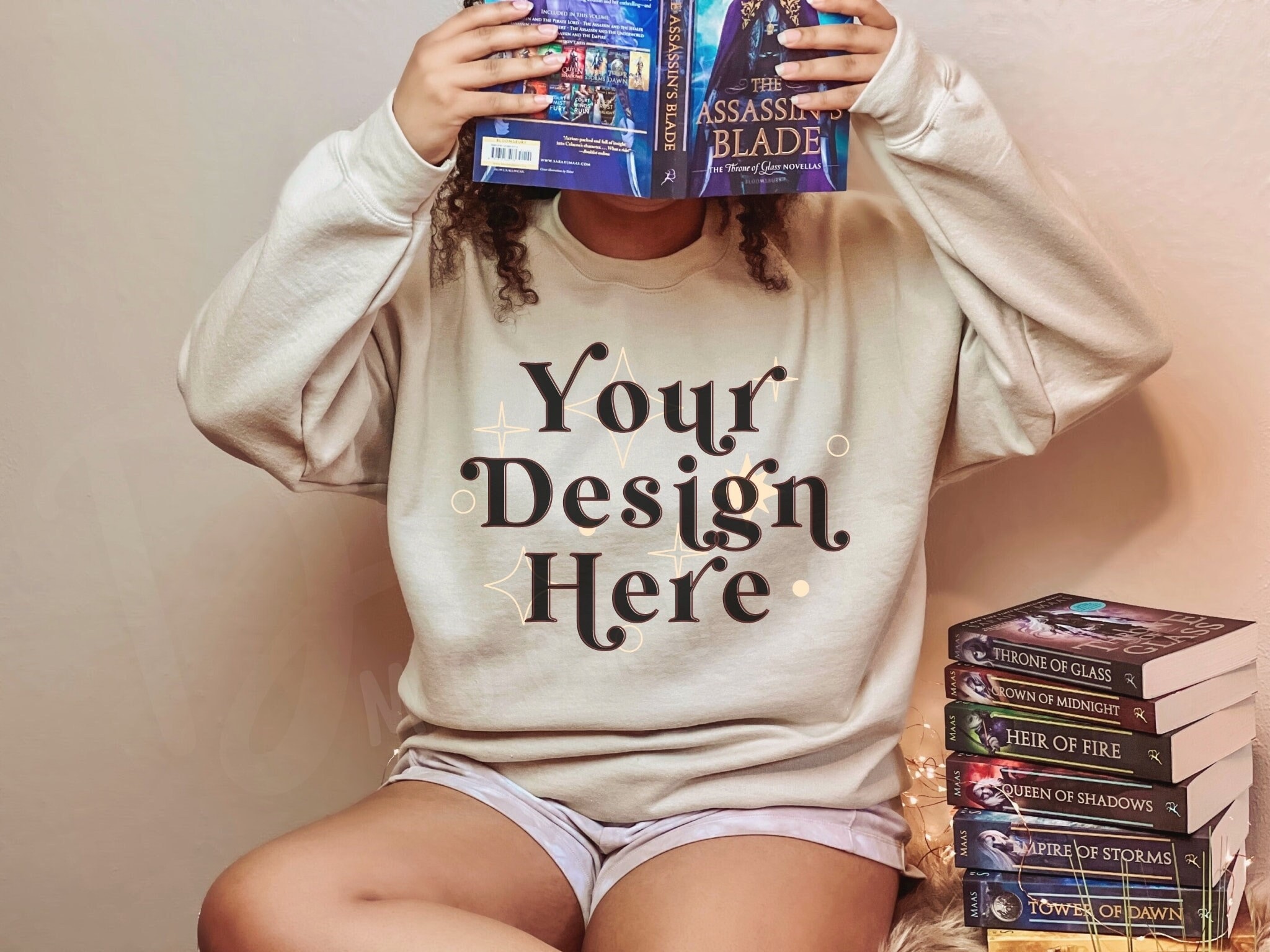 Bookish Gildan Sweatshirt 18000 Mockup Sand Gildan Mockup Minimalist Sand Gildan Sweatshirt Mockup Bookish Modeled Mockup Black Model Mockup