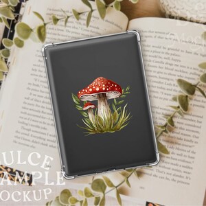 May include: A black phone case with a watercolor illustration of red and white mushrooms with green leaves on a dark gray background.