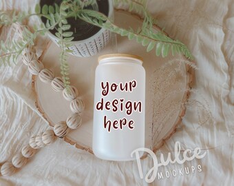 Libbey Frosted Glass Can Mockup Glass Beer Can Bookish Mockup Glass Can Spring Mockup Boho Mockup Lifestyle Mockup Drink JPG & PSD