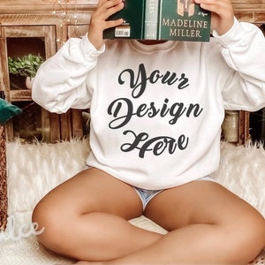 White Gildan Mockup 18000 White Gildan Sweatshirt Mockup Bookish Mockup Black Model Mockup Reading Book Boho Mockup Dark Academia Mock Up