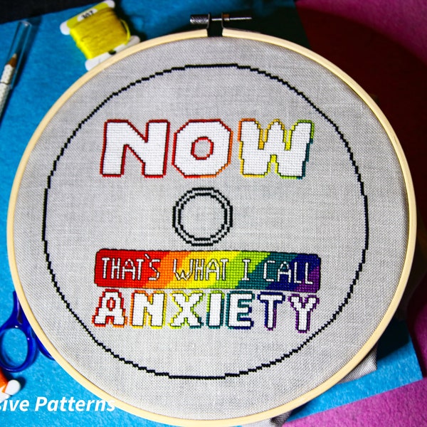 Now That's What I Call ANXIETY! - PDF Cross Stitch Pattern, Funny, Pun, Music, Subversive, Rainbow, CD