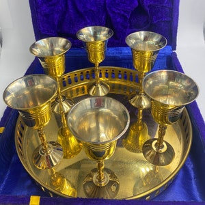 Vintage 6 Brass Shot Glasses (Goblets) Silver Plated Inside with a Brass tray and in a Purple Velvet Lined Case