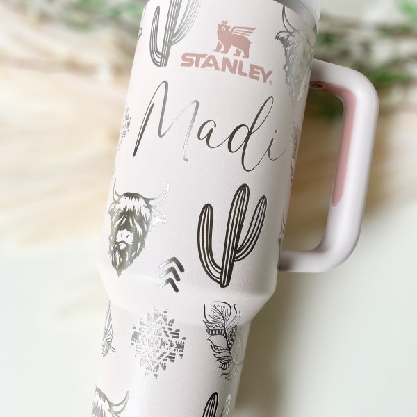 Western Highland Cow Stanley Tumbler Cup Custom Engraved Quencher with handle 40 oz Southwest Aztec Stanley Etched Tumbler Gift Teen Girl