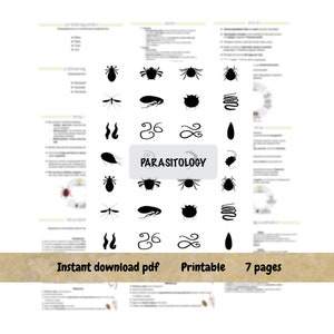 May include: A black and white printable parasitology chart with illustrations of various parasites, including ticks, fleas, lice, mites, and worms. The chart also includes text about the different types of parasites and their life cycles. The chart is titled "Parasitology".